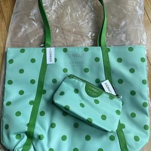 New Clinique x Kate Spade Travel Shopping Tote & Cosmetic Bag- Green Polka Dot